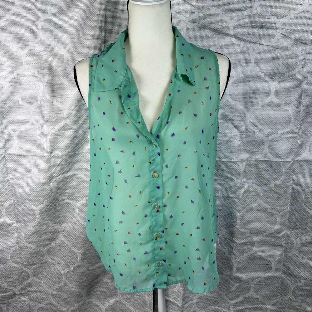 Kanvas Mint Green Floral Button Front Sleeveless Blouse | Size L